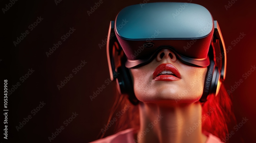 A person immersed in VR, illuminated by vibrant lighting, expressing excitement and engagement. The headset is black, with a minimalistic yet striking design.