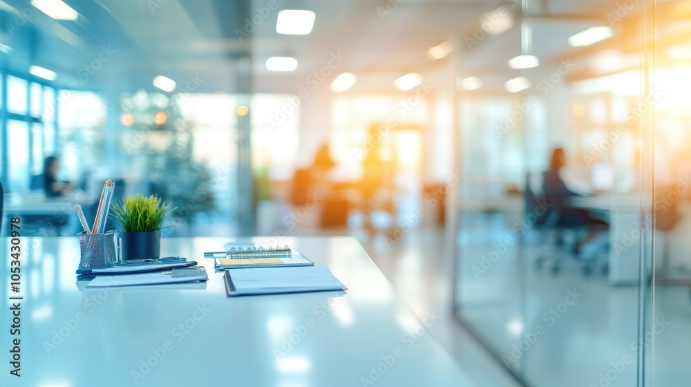 A blurred modern office space filled with business people engaged in various tasks,