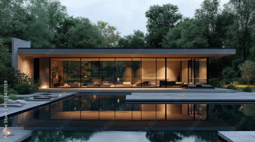 Minimalist glass villa with open living spaces. Minimalist glass villa with open living spaces.