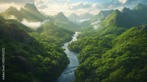 Aerial perspective of a river flowing through a rugged mountain range with dramatic cliffs and lush vegetation.