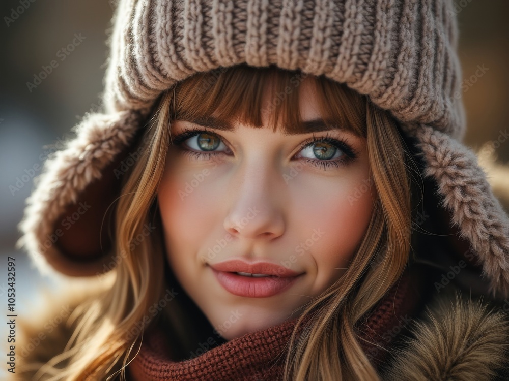 Close-up portrait of a young woman wearing a beige knitted hat with ear flaps, gazing into the camera with bright eyes, winter fashion outdoors Close-up portrait of a young woman wearing a beige knitted hat with ear flaps, gazing into the camera with bright eyes, winter fashion outdoors