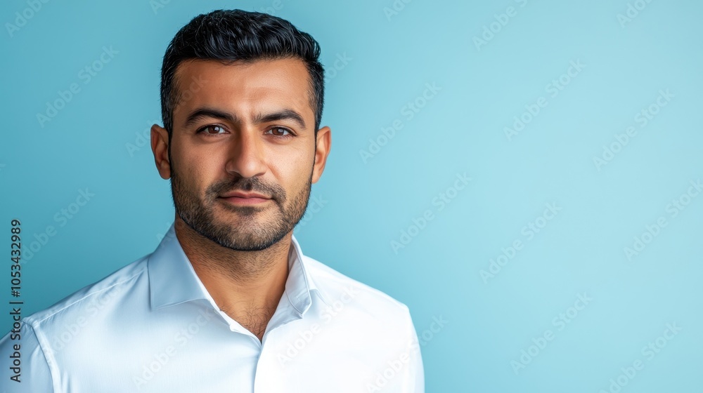 Poised Middle Eastern man in his 40s with short black hair wearing a white shirt against a light blue background