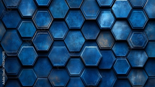 Indigo Hexagon Patterns with Layered Trippy Depth Effect in Japanese Anime Style