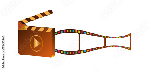 Abstract gold colored 3d clapboard icon, 3 frames 35mm film reel vector design on white. Filmstrip movie production icon illustration to use for motion picture, cinema competition, film project.