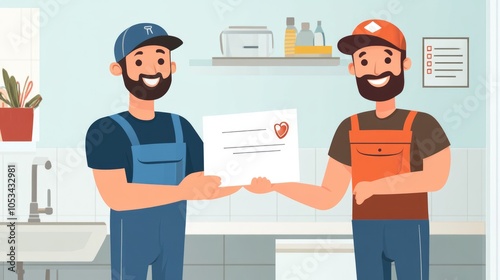 Two Smiling Workers in Blue and Orange Overalls Holding a Letter