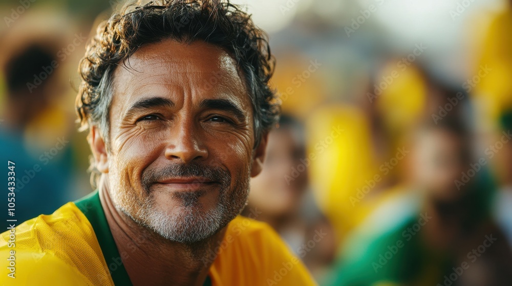 Middle-aged Brazilian man with a soccer jersey and a kind expression. Middle-aged Brazilian man with a soccer jersey and a kind expression.