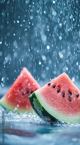 A vibrant and refreshing watermelon wallpaper, with fresh slices of juicy red fruit, surrounded by sparkling droplets of water, creating an atmosphere that evokes the feeling of crisp summer days  photo