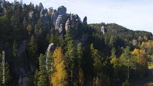 Countryside Autumn aerial view, drone flight over Adrspach Czech Republic photo