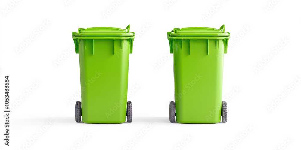 Green garbage bins with wheels on white isolated background Green garbage bins with wheels on white isolated background