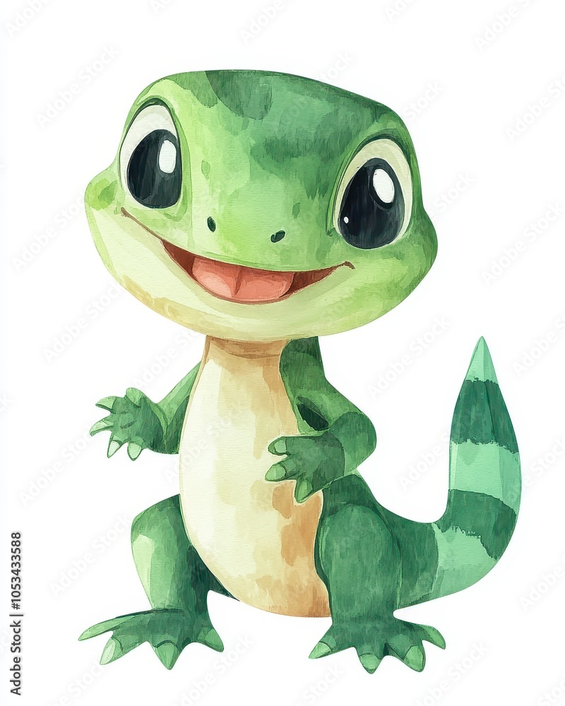 © Robert Kneschke - Adorable watercolor lizard cartoon illustration with a happy expression perfect for nursery decor