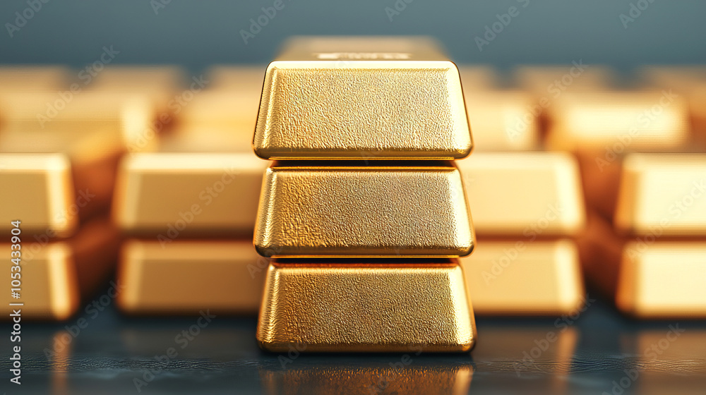 A close-up view of gleaming gold bars stacked in a precise formation, emphasizing wealth and luxury in a refined setting. A close-up view of gleaming gold bars stacked in a precise formation, emphasizing wealth and luxury in a refined setting.