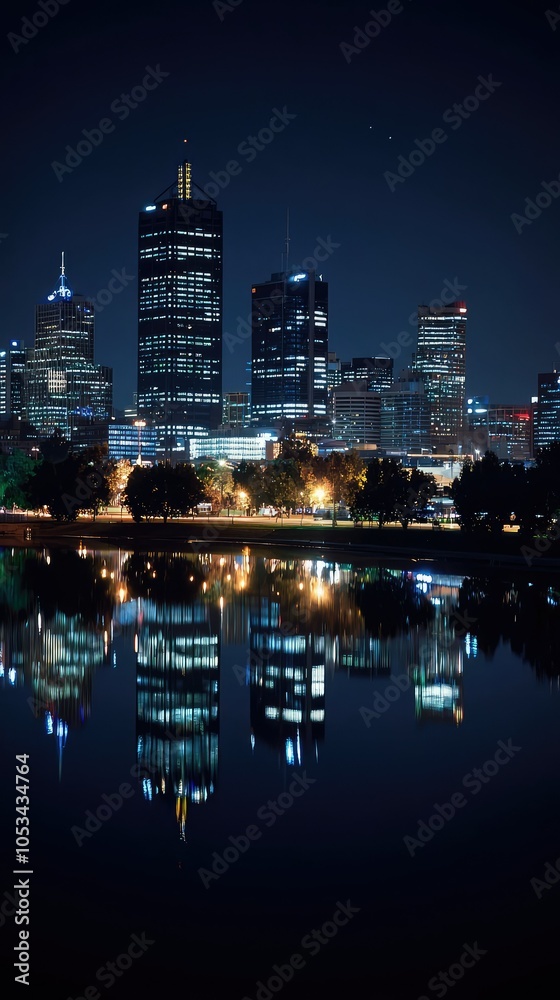Fototapeta premium Stunning City Skyline at Night with Reflecting Water