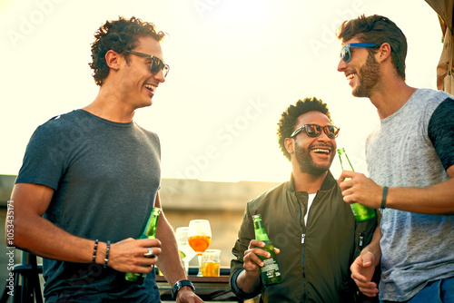 Group, laughing and happy with alcohol, outdoor and celebration for reunion, bonding or relax in weekend. Drinks, people and together for social event, conversation and chilling in party or gathering