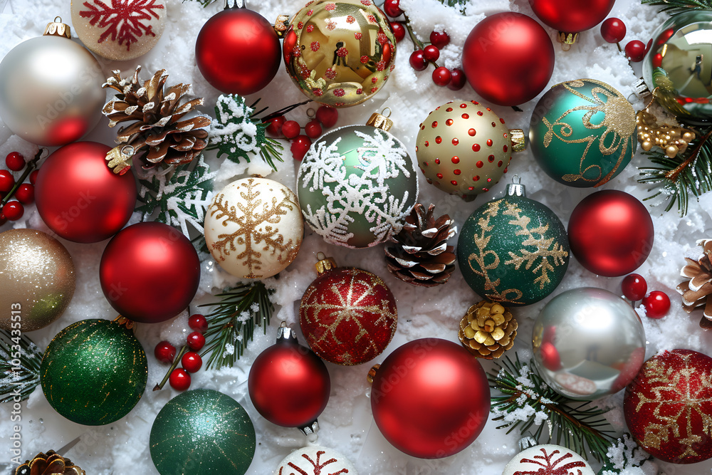 Festive Christmas ornaments with pinecones and holly on snowy background for holiday season charm Festive Christmas ornaments with pinecones and holly on snowy background for holiday season charm