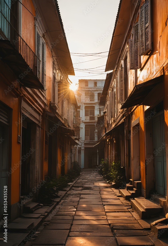 Fototapeta premium The narrow streets are lined with old commercial buildings bathed in a warm orange glow.
