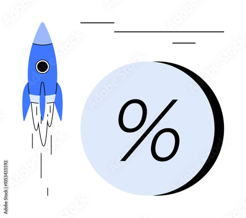 Blue rocket launching next to a large percentage symbol. Ideal for themes of growth, success, startups, investments, financial growth, performance metrics, and business development. Line metaphor