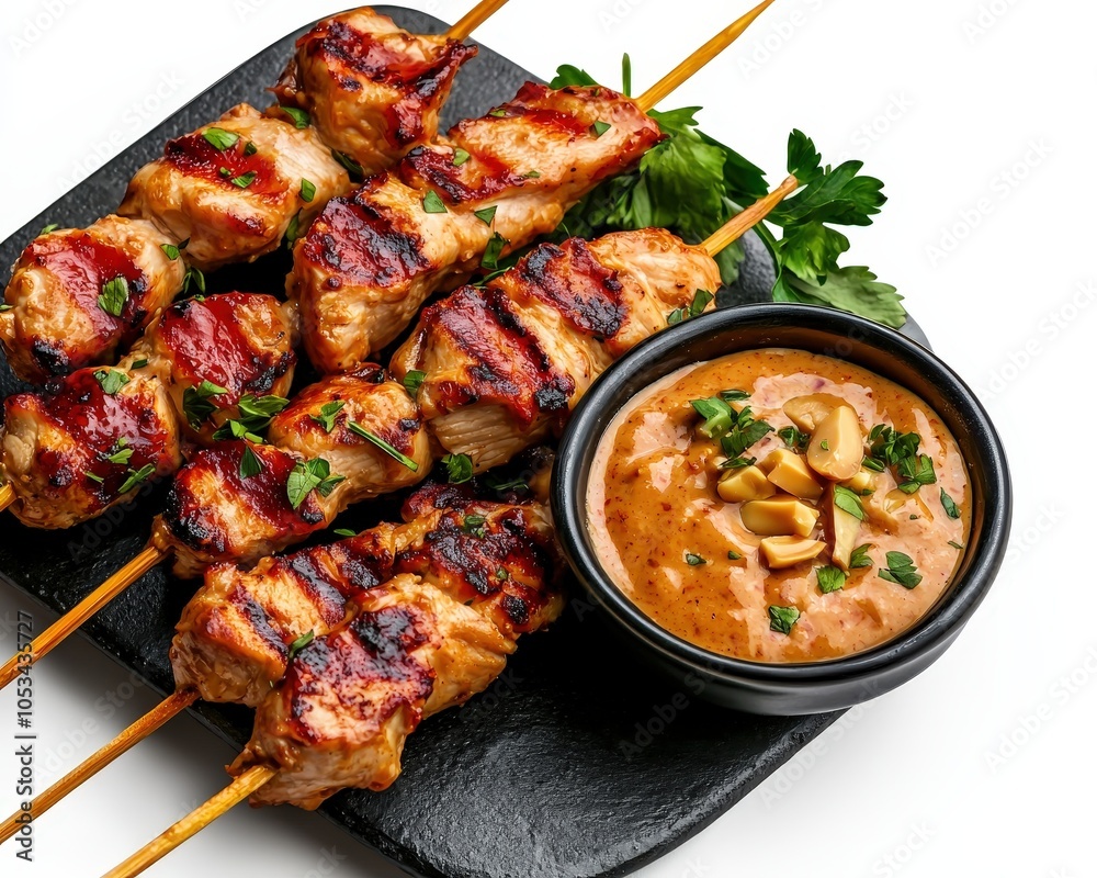 Fototapeta premium Thai chicken satay with peanut dipping sauce, isolated for detail