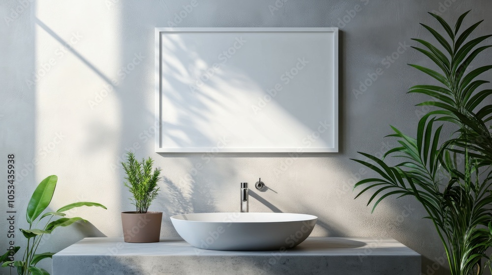 Fototapeta premium Minimalist bathroom with a blank frame above the vanity