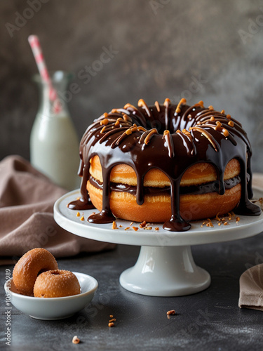 Absolutely Epic Doughnut Cake -  a cake made entirely of doughnuts and drizzled with chocolate fudge sauce photo