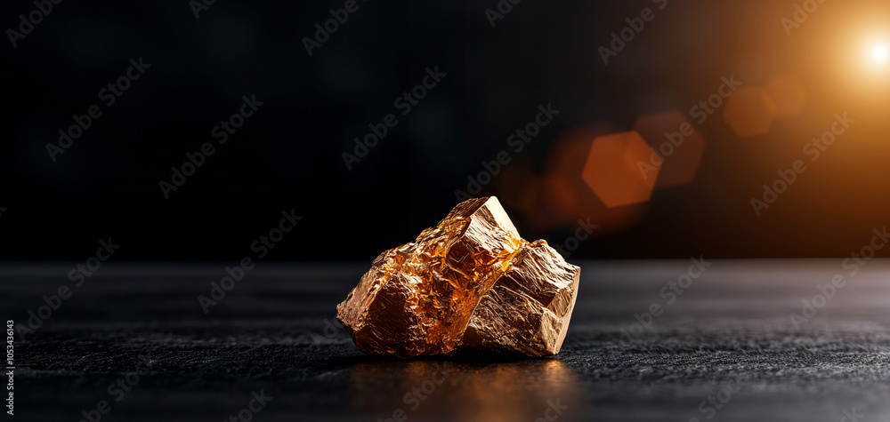 A shimmering piece of gold sits against a dark background, illuminated by a soft glow, showcasing its unique textures and attractive luster. A shimmering piece of gold sits against a dark background, illuminated by a soft glow, showcasing its unique textures and attractive luster.