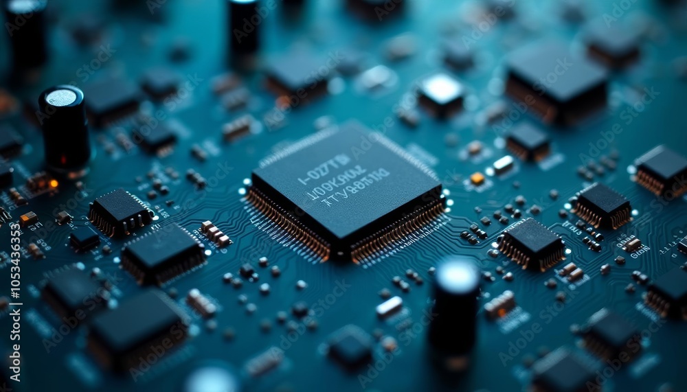 Hightech precision A closeup view of a microprocessor on a circuit board Hightech precision A closeup view of a microprocessor on a circuit board