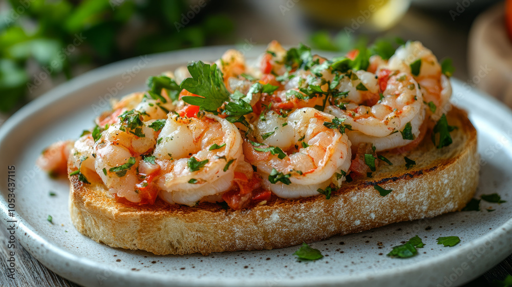 Shrimp bruschetta garnished with herbs on a plate Shrimp bruschetta garnished with herbs on a plate