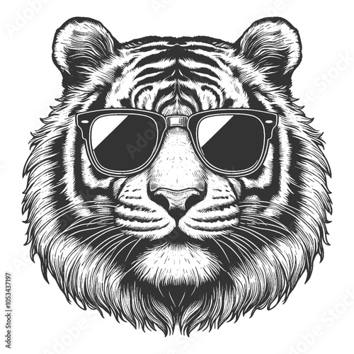 stylish tiger wearing sunglasses, a suit, and a bow tie, combining elegance with bold attitude sketch engraving generative ai vector illustration. Scratch board imitation. Black and white image.