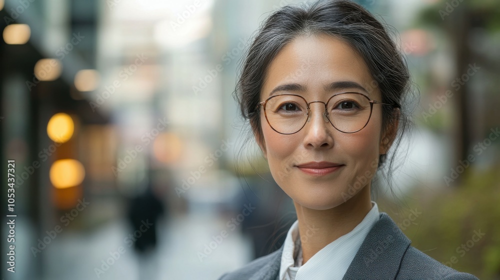 Middle-aged Japanese woman with glasses and a business suit. Middle-aged Japanese woman with glasses and a business suit.