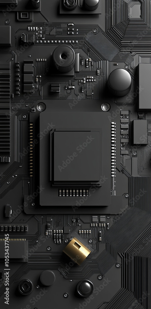 Fototapeta premium Design of a computer circuit on top with Chip in the middle, in a gray color and black background. The electronic components