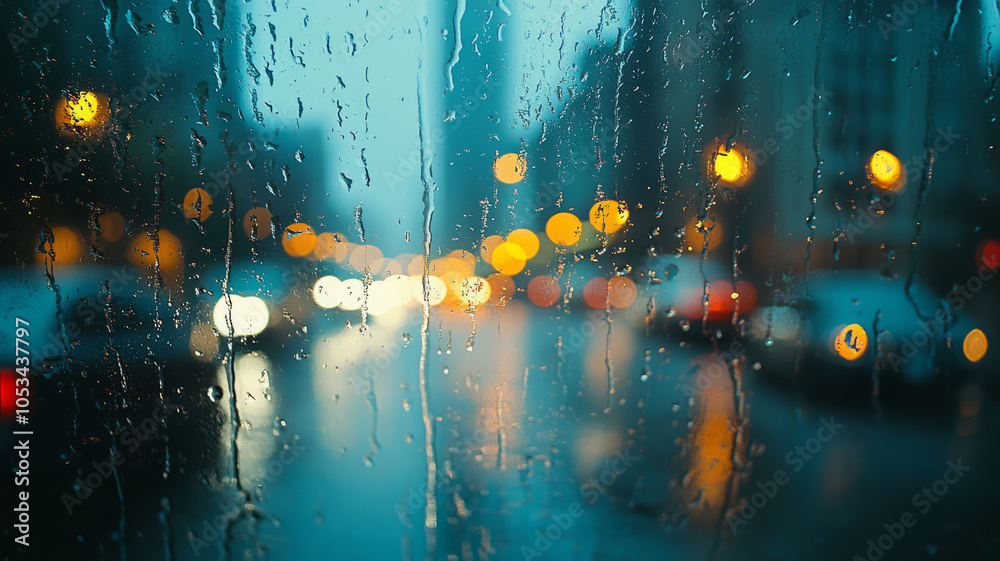 Obraz premium Rain-drenched city street with blurred lights.