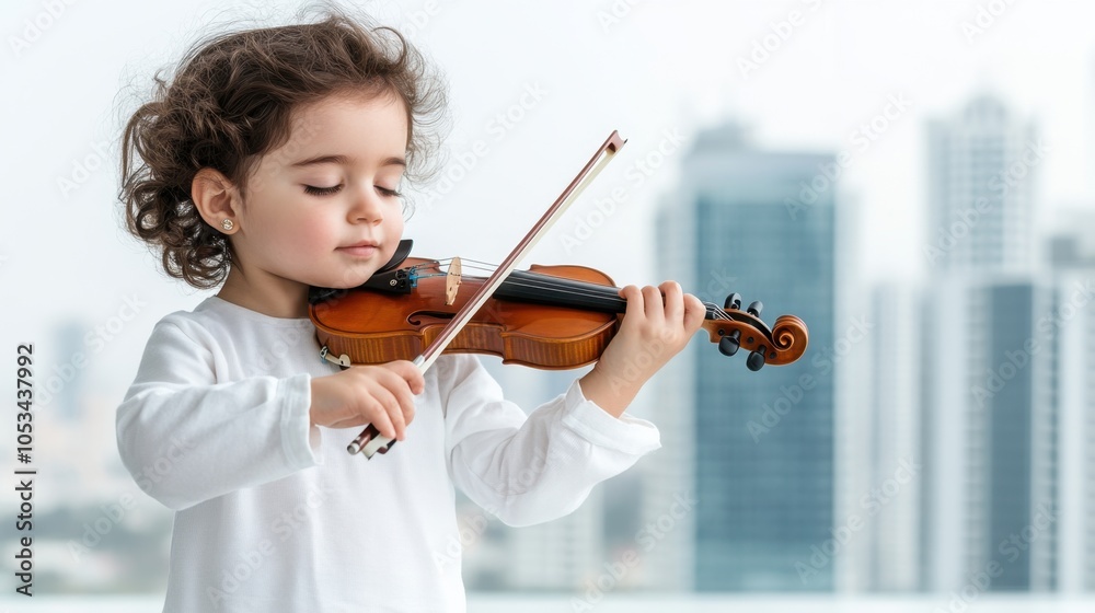 Young girl playing violin against urban skyline - music education concept Young girl playing violin against urban skyline - music education concept