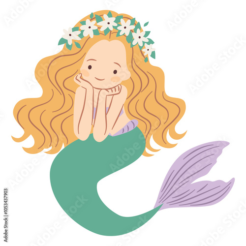 Flat vector illustration in children's style. Cute mermaid with long hair on white background. Vector illustration