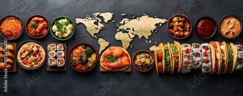 Assorted international dishes arranged in front of a world map, showcasing diverse cuisines from around the globe, symbolizing cultural food exploration. photo