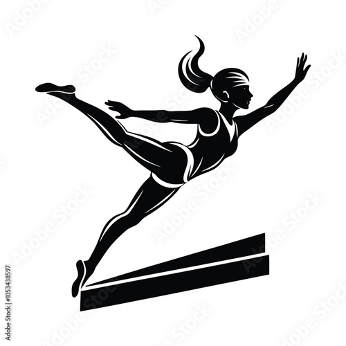 Dynamic silhouette of a female gymnast performing a graceful balance beam pose. Perfect for sports, fitness, and gymnastics-themed designs or educational materials.
