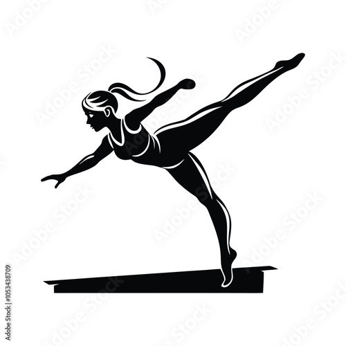 Dynamic silhouette of a female gymnast performing a graceful balance beam pose. Perfect for sports, fitness, and gymnastics-themed designs or educational materials.
