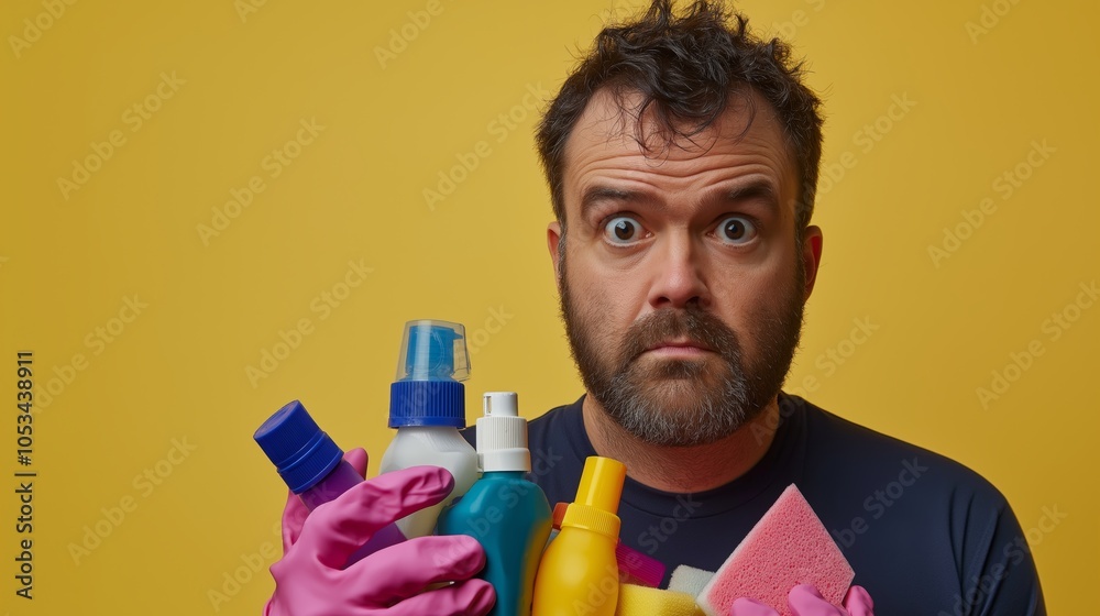 funny man holding cleaning supplies with intense expression, wearing pink gloves, dark stubble, yellow background for comical domestic concept and humor