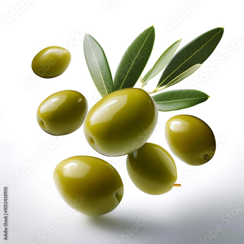 Olive fruit with leaves floating or flying isolated white background