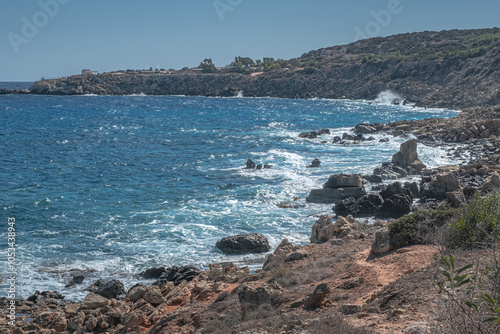 Konnos Bay Nature Trail, from Agioi Anargyroi Church to the Cyclops Cave, along the rugged coastline with beautiful sea and coast views, Cape Greco National Forest Park, Ayia Napa, Cyprus    photo