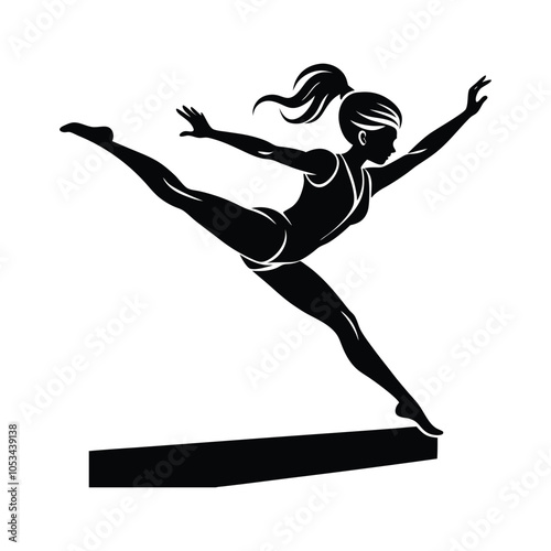 Dynamic silhouette of a female gymnast performing a graceful balance beam pose. Perfect for sports, fitness, and gymnastics-themed designs or educational materials.
