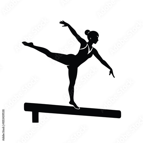 Dynamic silhouette of a female gymnast performing a graceful balance beam pose. Perfect for sports, fitness, and gymnastics-themed designs or educational materials.
