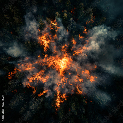 natural phenomenon, forest fire close-up of coals smoke, shooting top view from a quadcopter