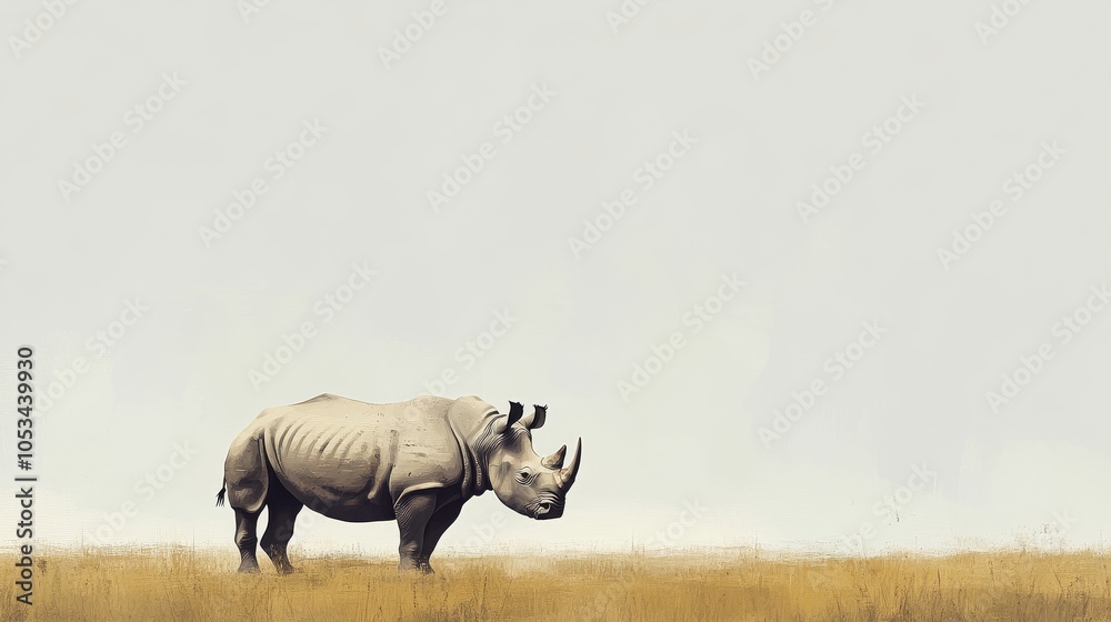 Fototapeta premium hyperrealistic rhinoceros standing alone in the savanna with white background, minimalist style, high resolution, soft shadows, sharp detail