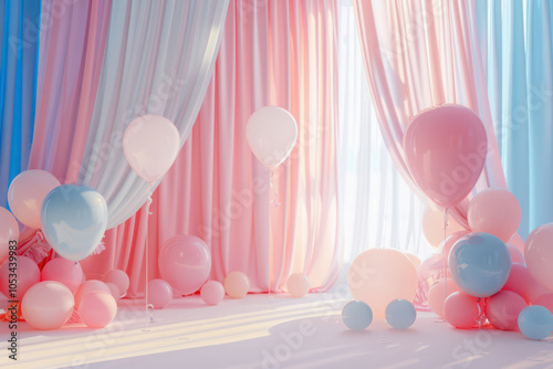 sunlight from window pink white blue beautiful birthday backdrop with balloons with floor drop, minimalist photo