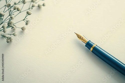 Artistic depiction of a fountain pen sketching delicate floral illustrations on a piece of ivory paper, Fountain pen sketching, Artistic and delicate photo