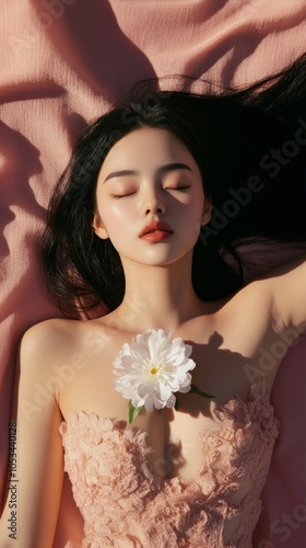 Woman with closed eyes holding white flower, black hair spread, ballerina dress, lying on pink surface, looking up, strong peach yellow light, photo