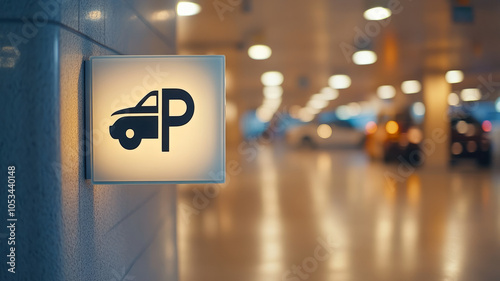 Illuminated parking sign in a garage setting.
