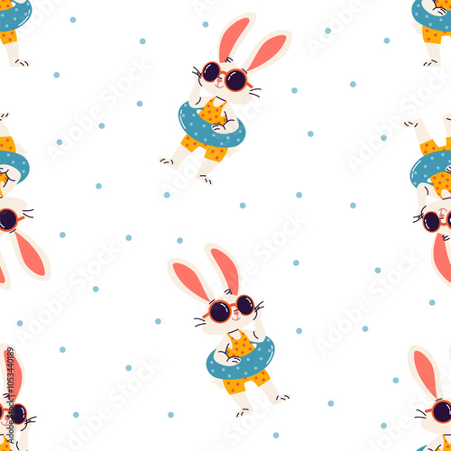 Seamless vector pattern with summer theme. Cute bunny in inflatable circle, sunglasses and swimsuit. Vector illustration