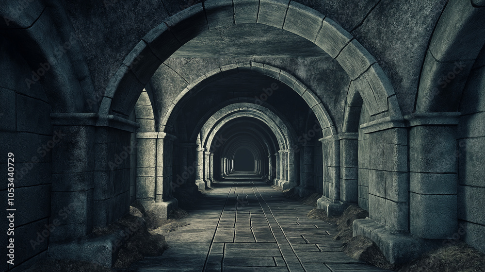A long, dark hallway with arches on either side, creating an eerie atmosphere. A long, dark hallway with arches on either side, creating an eerie atmosphere.