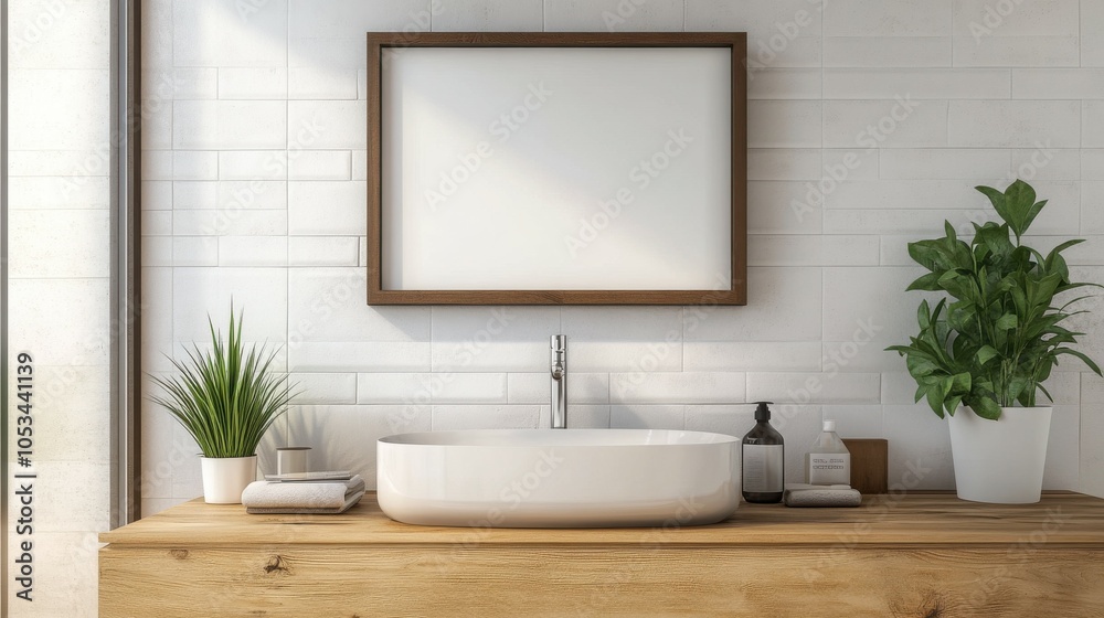 Modern bathroom with an empty frame above the sink Modern bathroom with an empty frame above the sink