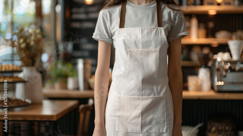 Woman in empty apron. Waiter wearing black mockup wear for brand or label. Kitchen or restaurant worker with copyspace apron. Copy space in white uniform